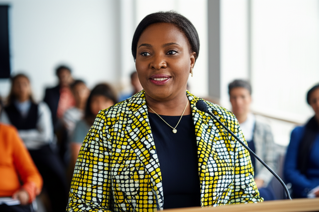 Sarah Adebayo, NGO director, speaking at a community meeting